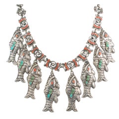 Antique Mexican Repousse Necklace Turquoise and Coral