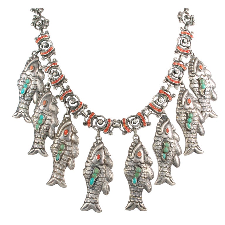 Antique Mexican Repousse Necklace Turquoise and Coral For Sale