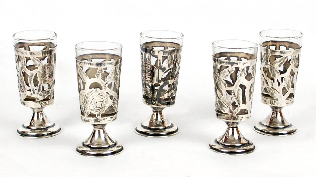 Sterling and Glass Decanters and Cordials Set