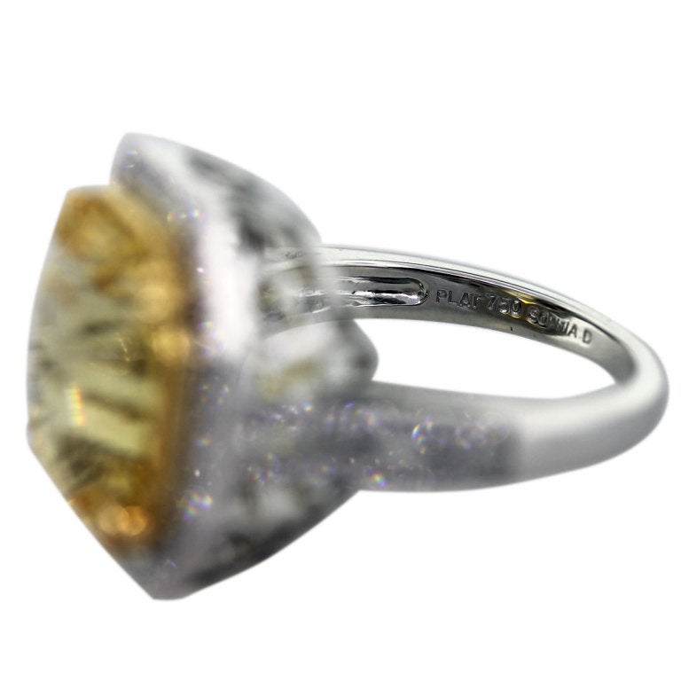 Octagonal Cut Fancy Yellow Sapphire Diamond Platinum Ring 1