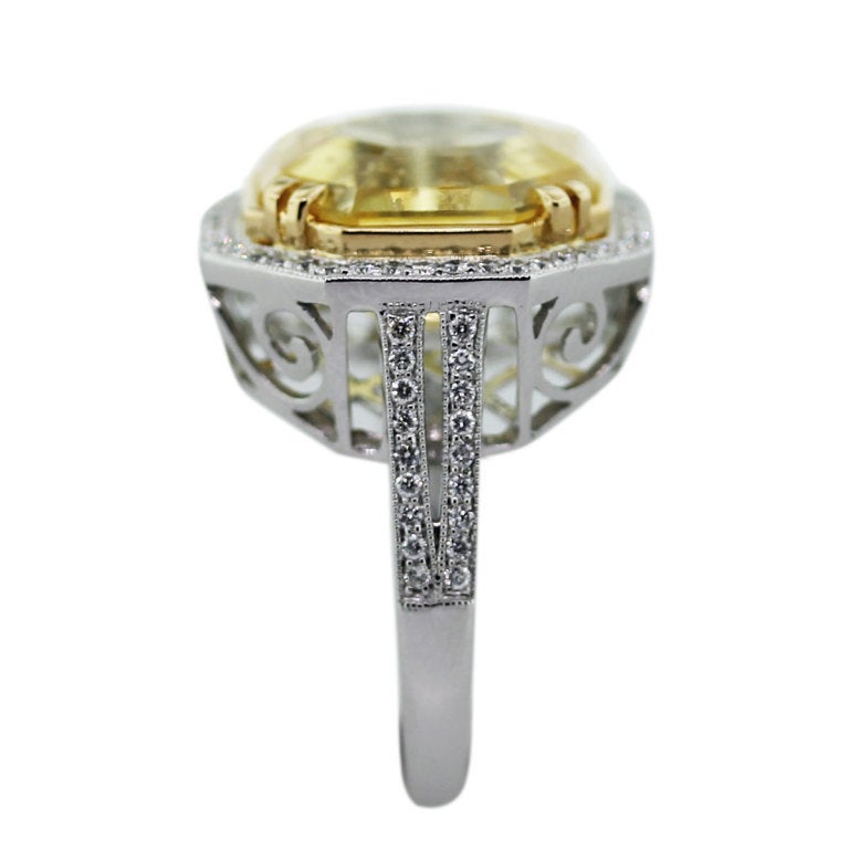 Octagonal Cut Fancy Yellow Sapphire Diamond Platinum Ring 2