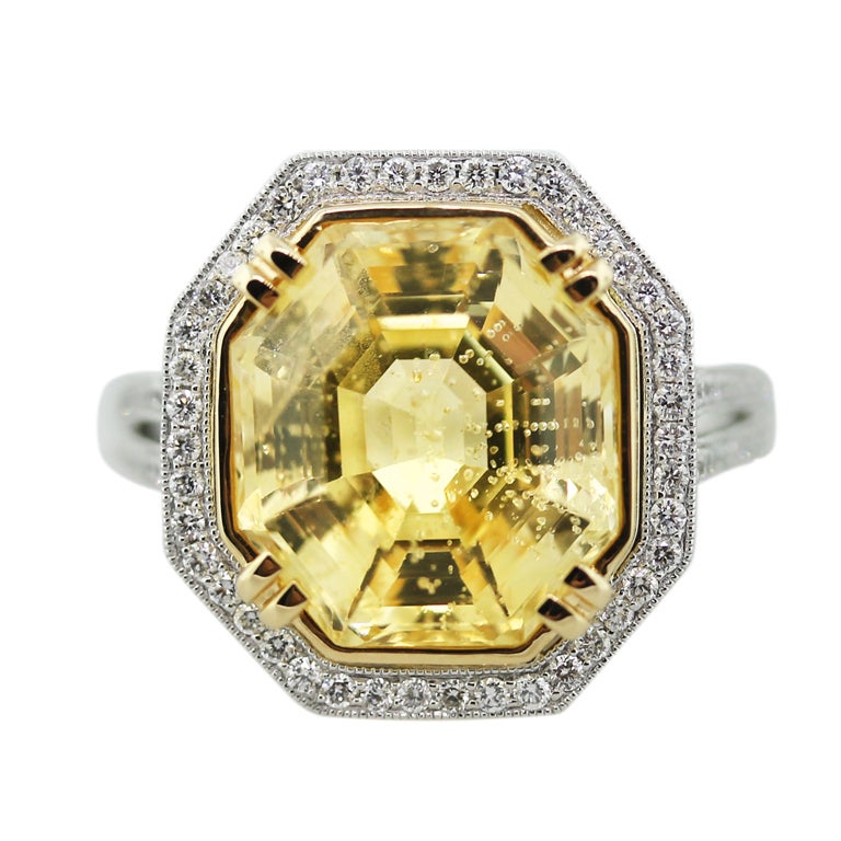Octagonal Cut Fancy Yellow Sapphire Diamond Platinum Ring