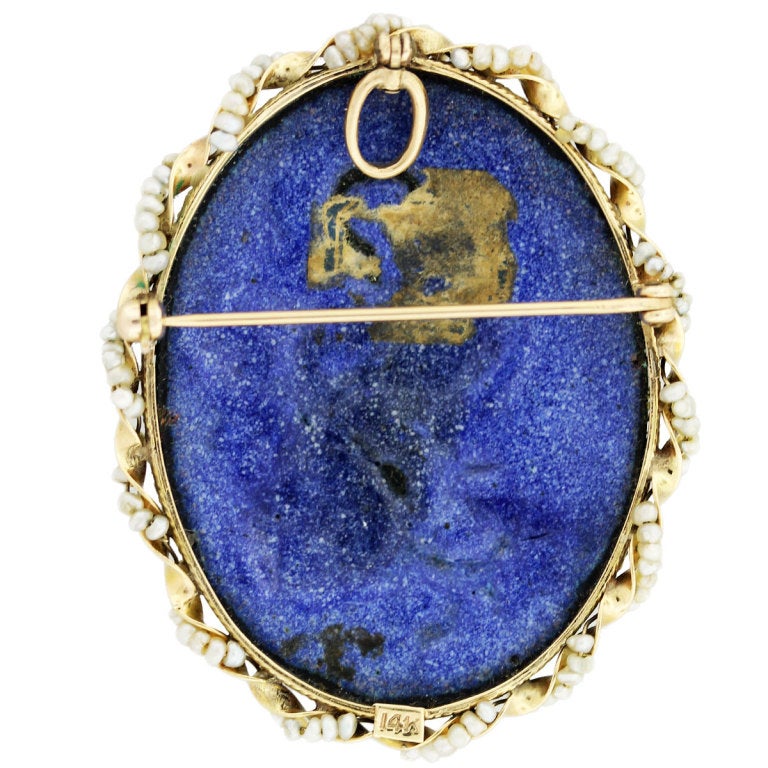 Limoges Portrait Brooch in 14K Yellow Gold. Made with Seed Pearls. Pin is approximately 2
