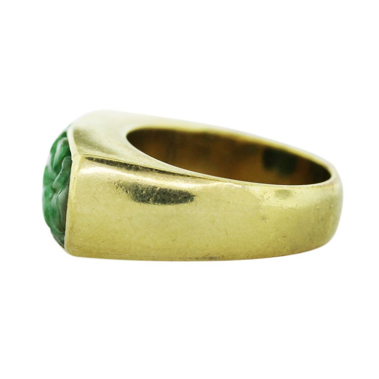 Jade Ring in 14K Yellow Gold. Jade measures 23 mm x 9 mm.
Ring Measurements: 23.80 mm x 9.76 mm x 25.13 mm.
Ring Size 7 (Can Be Sized).