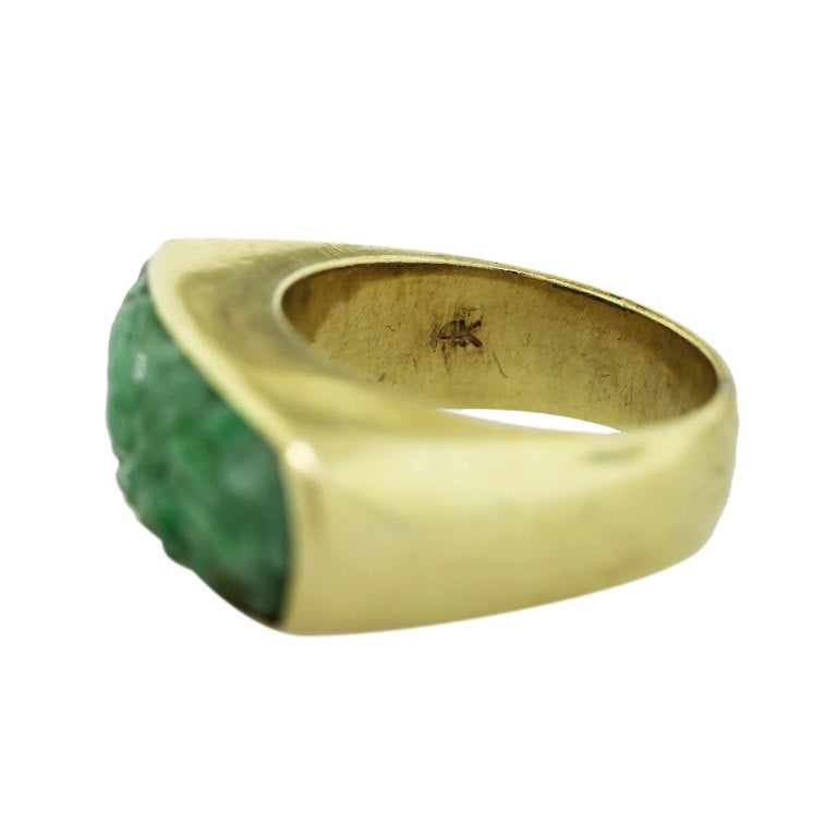 Yellow Gold Carved Jade Flower Design Ring 1