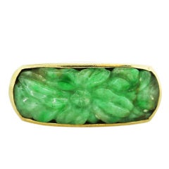 Yellow Gold Carved Jade Flower Design Ring