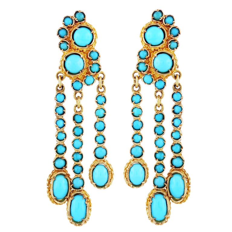 Yellow Gold Turquoise Chandelier Drop Dangle Earrings at 1stdibs