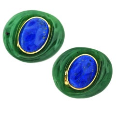 SEAMAN SHEPPS Jade and Lapis Ear Clips Yellow Gold
