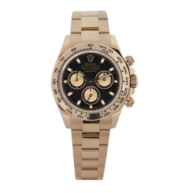 Rolex Cosmograph Daytona, Ref. 116505, G-Series Serial Number, 40 mm Diameter

18k Rose Gold Case, Black Chronograph Dial, 18k Rose Gold Bracelet with 18k Rose Gold Fold Over Clasp, Fits wrist size 7'', Scratch Resistant Sapphire Crystal,