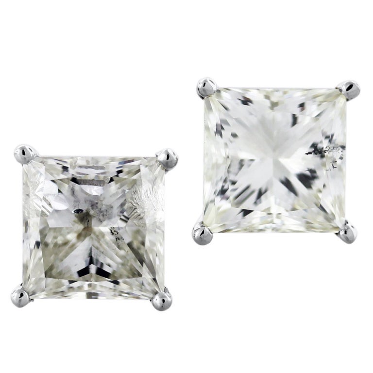 White Gold Princess Cut Diamond 8.06ctw Stud Earrings For Sale