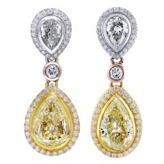 11 Carat Fancy Yellow Diamond Pear Shape Tri Color Drop Earrings