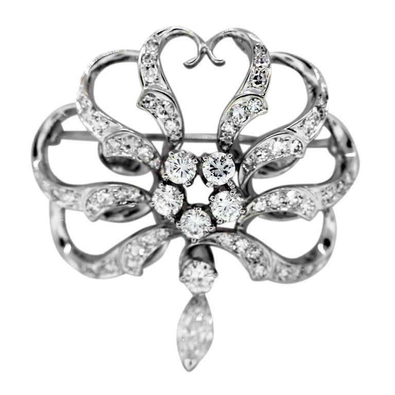 White Gold Diamond Pin with Round and Marquise Cut Diamonds
