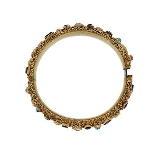 Women's Yellow Gold Multi-Colored Gemstone Heavy Bangle Bracelet