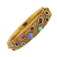 Yellow Gold Multi-Colored Gemstone Heavy Bangle Bracelet