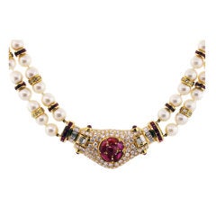 Carved Ruby, Diamond, Pearl and Yellow Gold Necklace