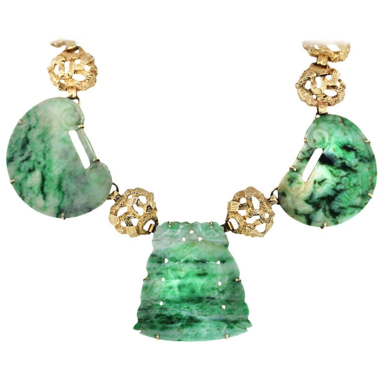 Three Stone Jade and Yellow Gold Statement Necklace