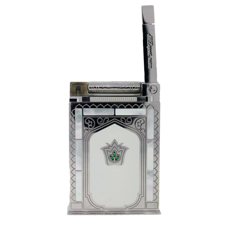 St Dupont Taj Majal Jeroboam Platinum Plated Table Lighter
Platinum Plated Stainless Steel
Measurements 	4'' x 2 3/4''
Total Weight 	437.9dwt (681.1g)
Additional Details This lighter works perfectly, it has lighter fluid and the flame gets very