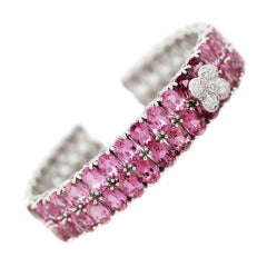 Pink Sapphire Cuff with Diamond Flower Accent White Gold 7