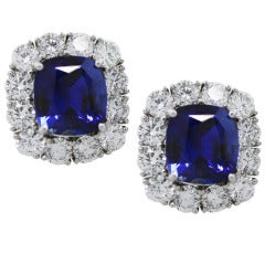 Blue Sapphire and Diamond Platinum Button Earrings