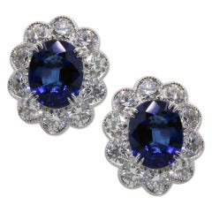 4.24 Carat Blue Sapphire and Diamond Floral Button Earrings