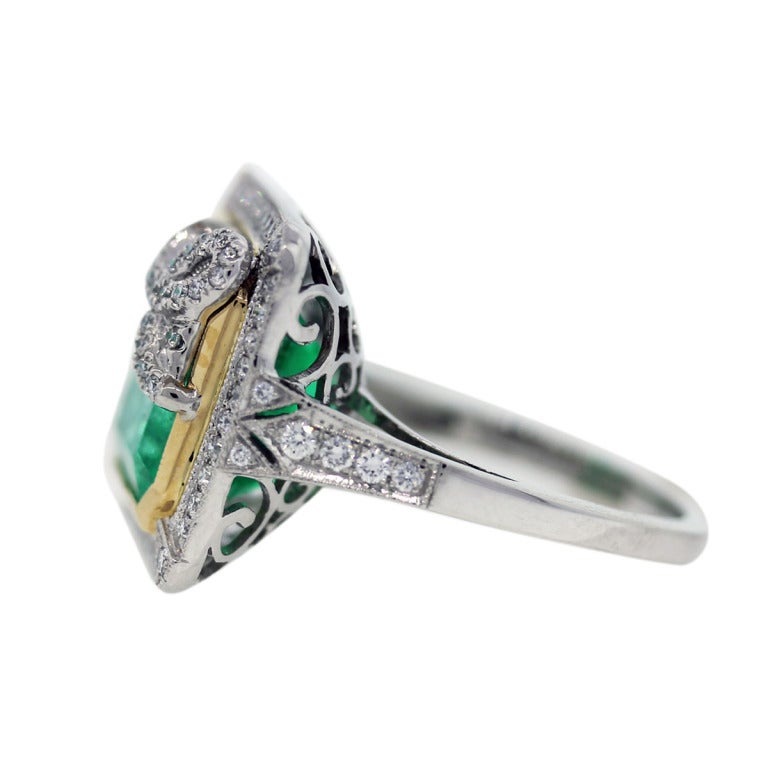 Emerald, Platinum, Yellow Gold, Diamond Ring In Excellent Condition For Sale In Boca Raton, FL