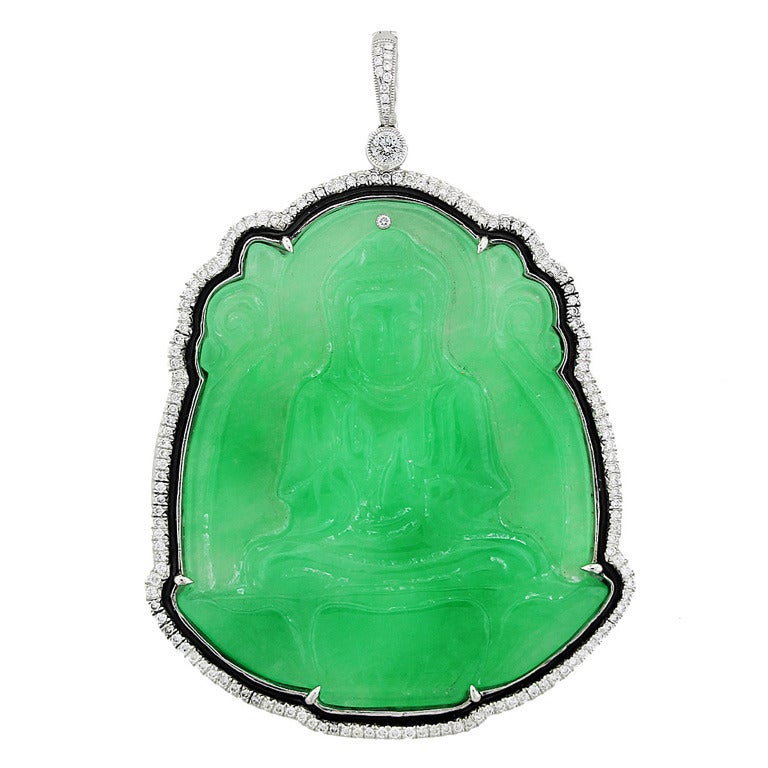 Jade, Onyx, and Diamond Buddha Pendant in White Gold at 1stDibs