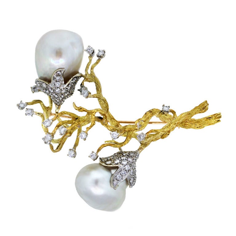 Baroque South Sea Pearl and Diamond Yellow Gold Pin