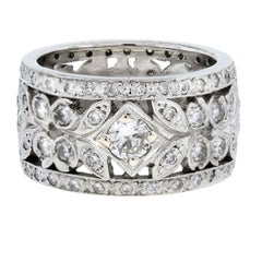 Vintage Platinum Round Cut Diamond Leaf Wide Eternity Band