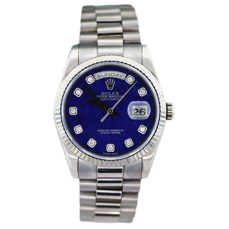 Rolex Day-Date Ref. 118239, white gold lapis diamond dial, diamond markers, 36mm Case, Y Serial Number.

Comes complete with box and papers. Original retail approximately $42,000.