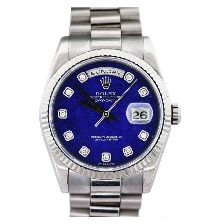 ROLEX White Gold Day-Date Wristwatch with Lapis Diamond Dial Ref 118239