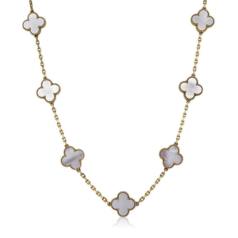You are Viewing this Authentic Van Cleef & Arpels Alhambra Necklace! Designer, Van Cleef & Arpels; Collection, Alhambra; Serial #, CL97550; Gemstone Details, 10 White Mother of Pearl Clover Shaped Stones; Material, 18k Yellow Gold; Clasp, Lobster