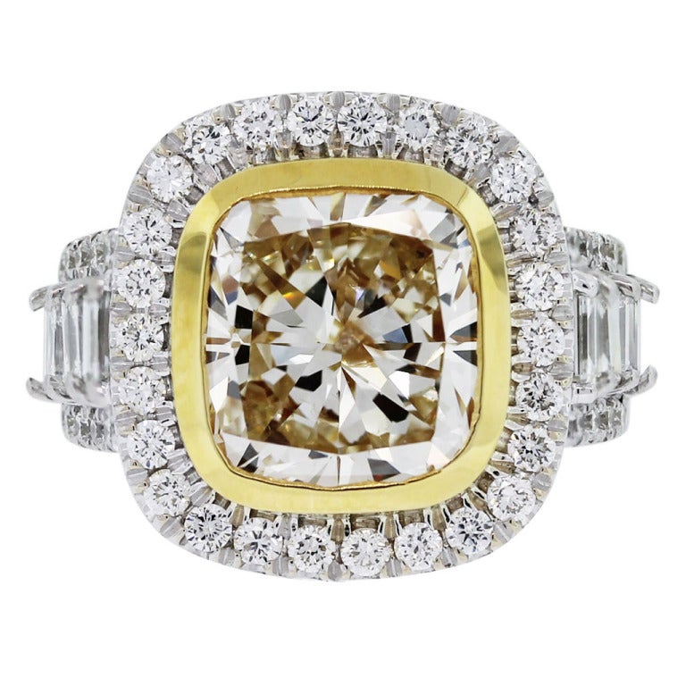 6.02 Carat Fancy Yellow Cushion Cut Diamond Engagement Ring