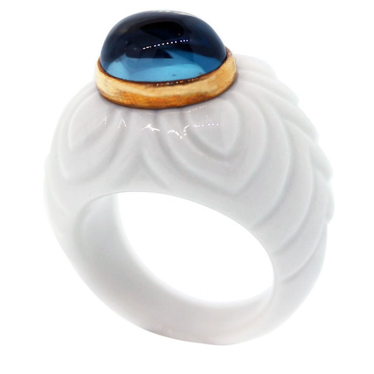 You are Viewing this Bulgari Bvlgari Ceramic Rose Gold Blue Topaz Chandra Ring!! Ring Material, Ceramic; Ring Size, 5.5; Total Weight, 6.8dwt (10.5g); Precious Stone; Oval shape Topaz with Rose Gold trim surrounding Topaz.