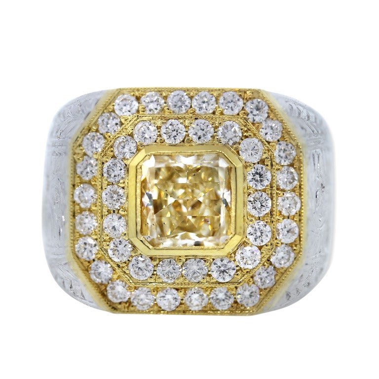 Two Tone Gold Fancy Yellow Diamond Men's Ring