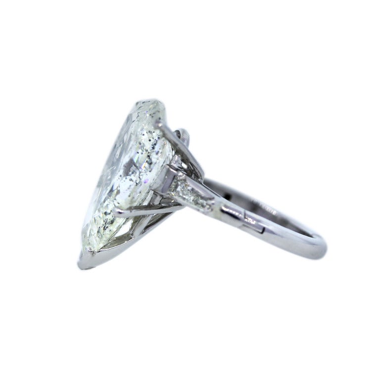 You are Viewing this Platinum and 18k White Gold 14.33ct Pear Shaped Diamond Engagement Ring! Ring Material, 18k White Gold and Platinum; Diamond Carat Weight, 14.33 ct; Diamond Shape, Pear Shaped; Setting Details, Approximately 0.30ct Tapered