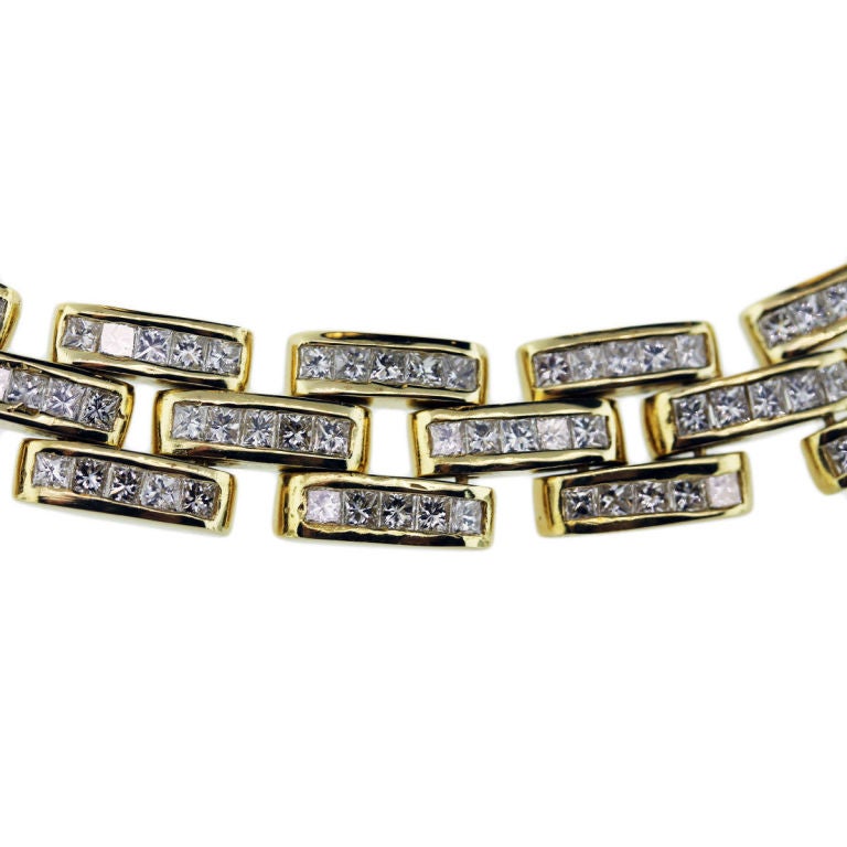 You are viewing this 18 Karat Yellow Gold and Princess Cut Diamond Link Necklace! Diamonds, 6 carat total weight; diamond color, GH; diamond clarity, VS.; weight, 91.7 grams or 59.0 pennyweights. length; 16 inches. This necklace does not have a