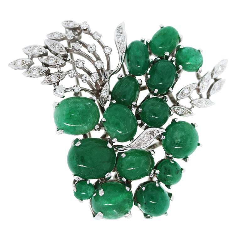 Cabochon Emerald Diamond White Gold Pin