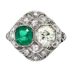 Emerald Old European Cut Diamond Platinum Ring 9