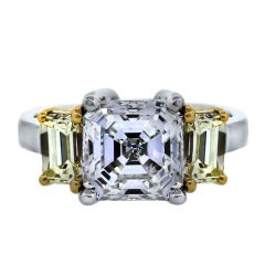3.18ct Asscher Cut and Yellow Emerald Cut Three Stone Diamond Ring with GIA 6