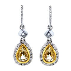 Two Carat Pear-Shaped Fancy Yellow Diamond Drop Dangle Earrings