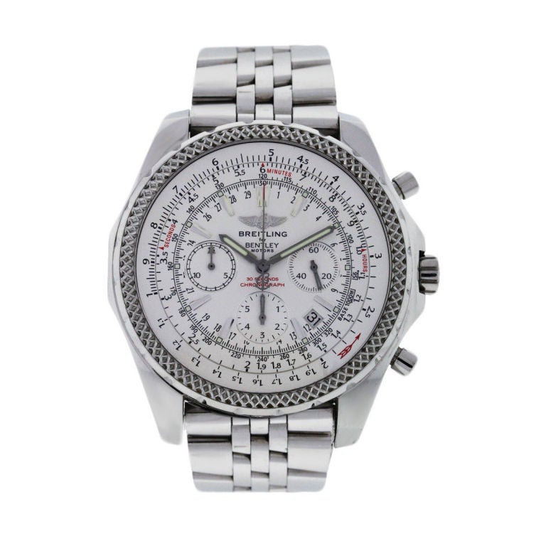 Company: Breitling 
Model: Bentley
Case Material: Stainless Steel
Model Number: A25362
Movement: Automatic
Case Diameter: 48mm
Dial: White with Luminescent Hands
Bracelet Size: Will Fit a 7