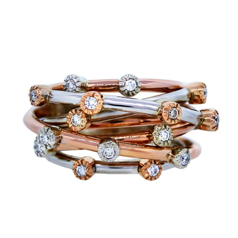 Diamond Rose and White Gold Multi-Row Ring at 1stDibs