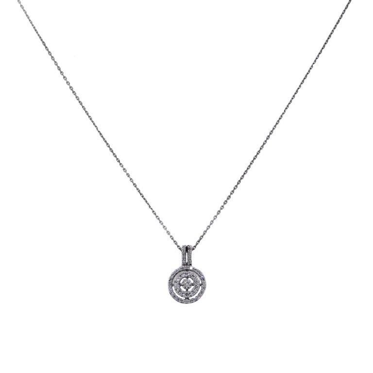 Style: 0.50 Carat Total Weight Micro Pave Diamond Slide Pendant on Gold Chain
Metal: 14k White Gold
Diamond Carat Weight: Approximately 0.50
Diamond Color: G/H
Diamond Clarity: VS
Chain Length: 17.5'' 
Chain Clasp: Lobster Claw 
Pendant Size: