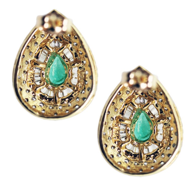 Pear-Shaped Emerald Baguette and Round Diamond Earrings In Excellent Condition In Boca Raton, FL