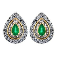 Pear-Shaped Emerald Baguette and Round Diamond Earrings