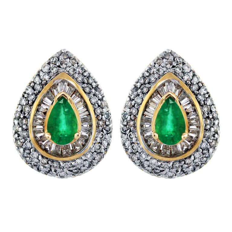 Pear-Shaped Emerald Baguette and Round Diamond Earrings