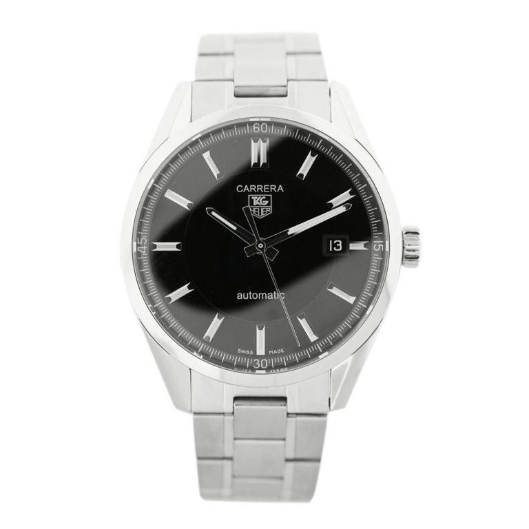 Brand: Tag Heuer
Model: Carrera
Reference Number: WV211B
Case Material: Stainless Steel
Case Measurement: 40 mm
Movement: Automatic
Dial: Black Dial with Baton Markers
Bracelet: Stainless Steel Bracelet
Clasp: Double Locking Foldover