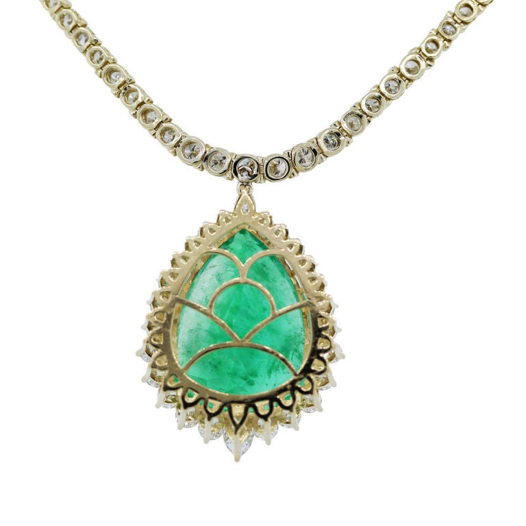 48.05 Carat Pear Shaped Emerald and Diamond Pendant Tennis Necklace In Excellent Condition In Boca Raton, FL