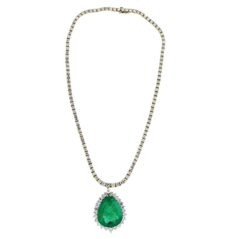 Women's 48.05 Carat Pear Shaped Emerald and Diamond Pendant Tennis Necklace