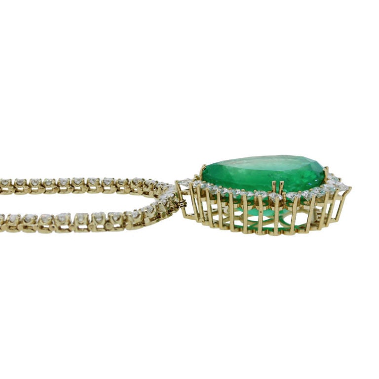 48.05 Carat Pear Shaped Emerald and Diamond Pendant Tennis Necklace 1